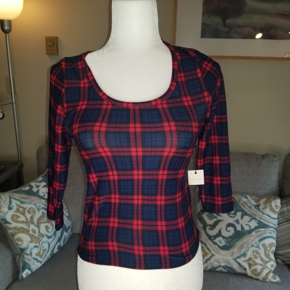 BNWT Forever 21 Plaid Scoop neck top sz. M in navy blue/ red